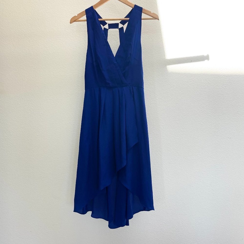 Aryn K. Blue 100% Silk High Low Deep V Pleated Cocktail Party Dress